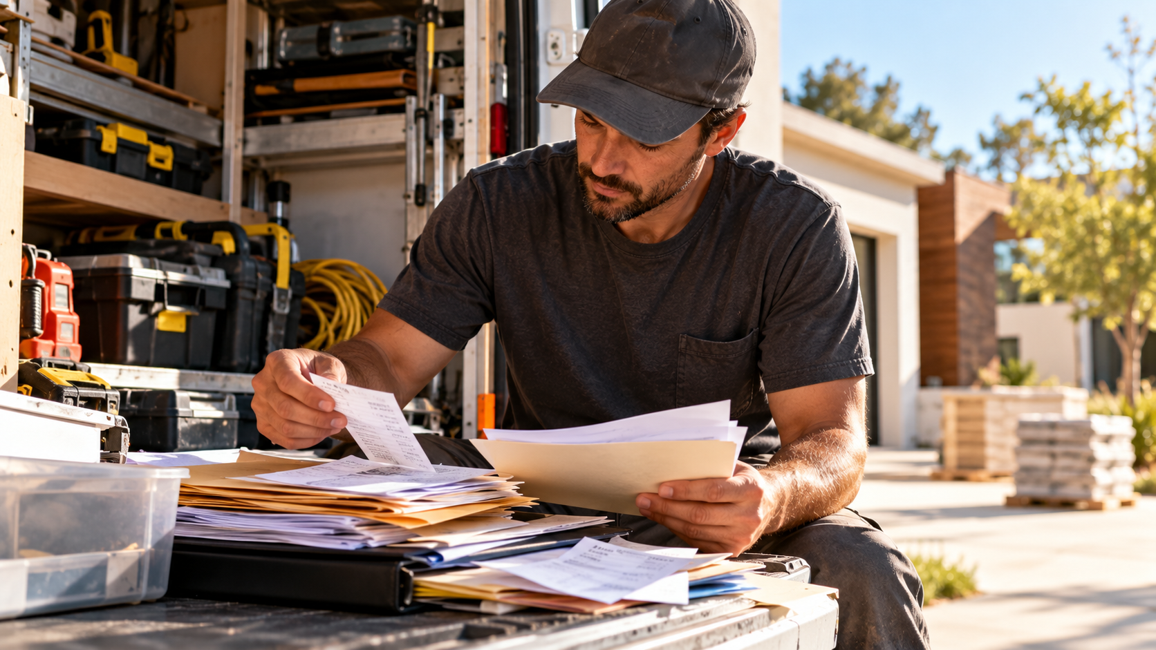 Contractor reviewing receipts and folders at the open back of a work van